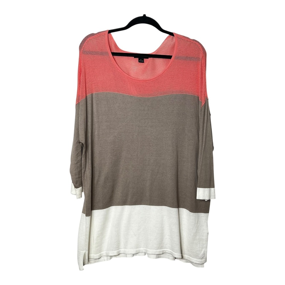 Tribal Womens XL Colorblock Mesh Knit Top Coral‎ Taupe White 3/4 Sleeve